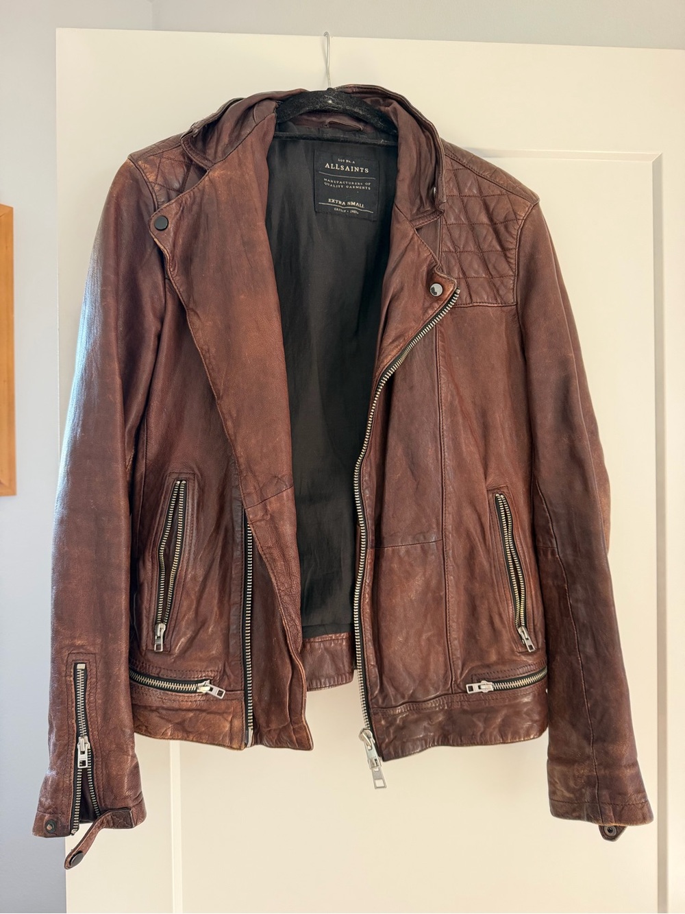 AllSaints Brown Leather Bomber Jacket with Quilted Shoulders